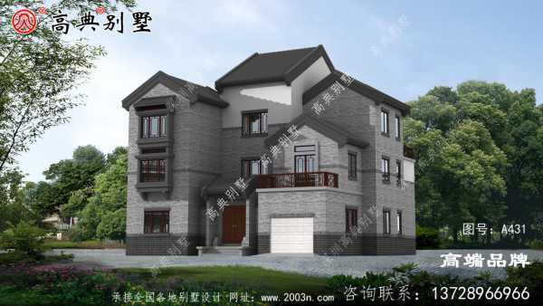 現代農村新中式斜屋頂三層自建別墅