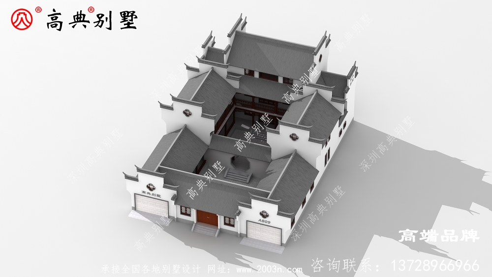 這座三層中式四合院，看起來非常大氣典雅，裝飾線條流暢。