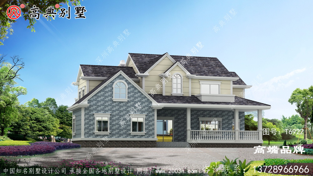 農村兩層美式別墅外觀效果圖	