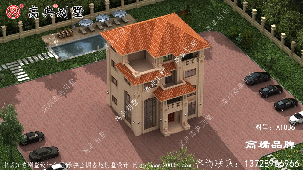 客廳挑空設(shè)計(jì)，外觀錯(cuò)落有致建筑色彩鮮艷